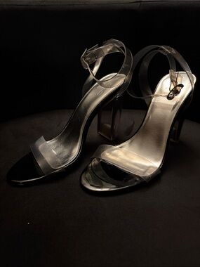 Mi Black Patent Block Heel Sandals with Clear Straps